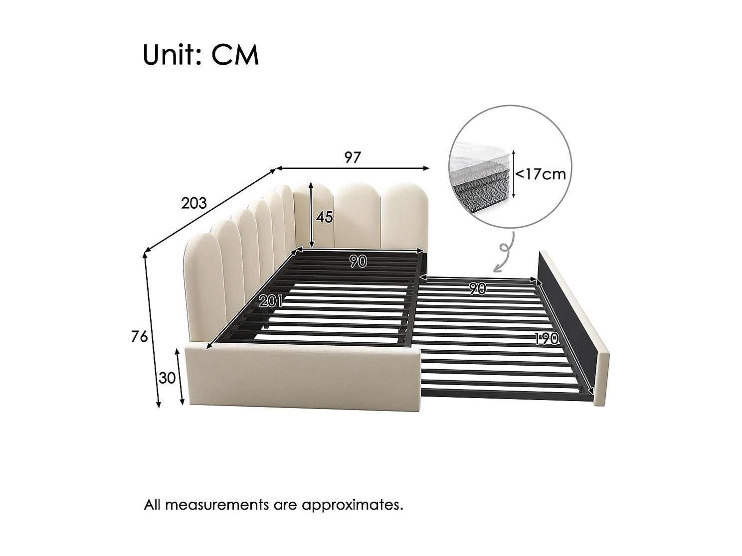 Lit d'enfant, lit rembourré 90x200 cm, canapé-lit avec lit escamotable, velours, beige, sans matelas