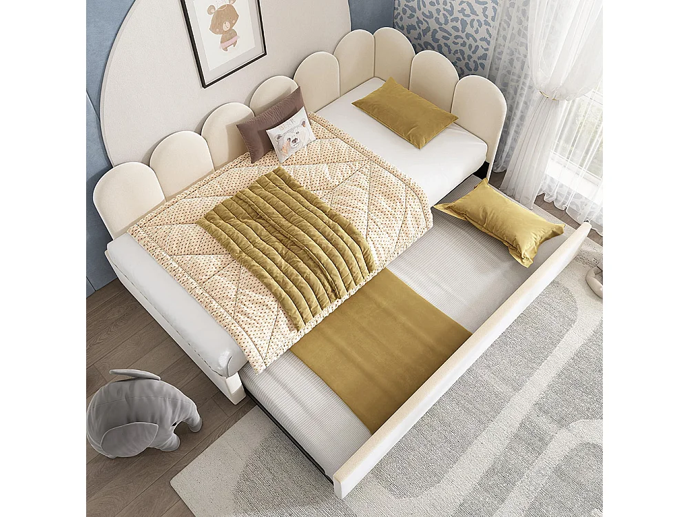 Lit d'enfant, lit rembourré 90x200 cm, canapé-lit avec lit escamotable, velours, beige, sans matelas