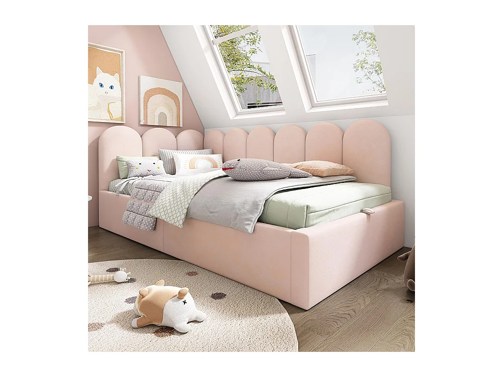 Lit enfant 90x190 cm canapé - lit rembourré avec rangement hydraulique, velours ,rose