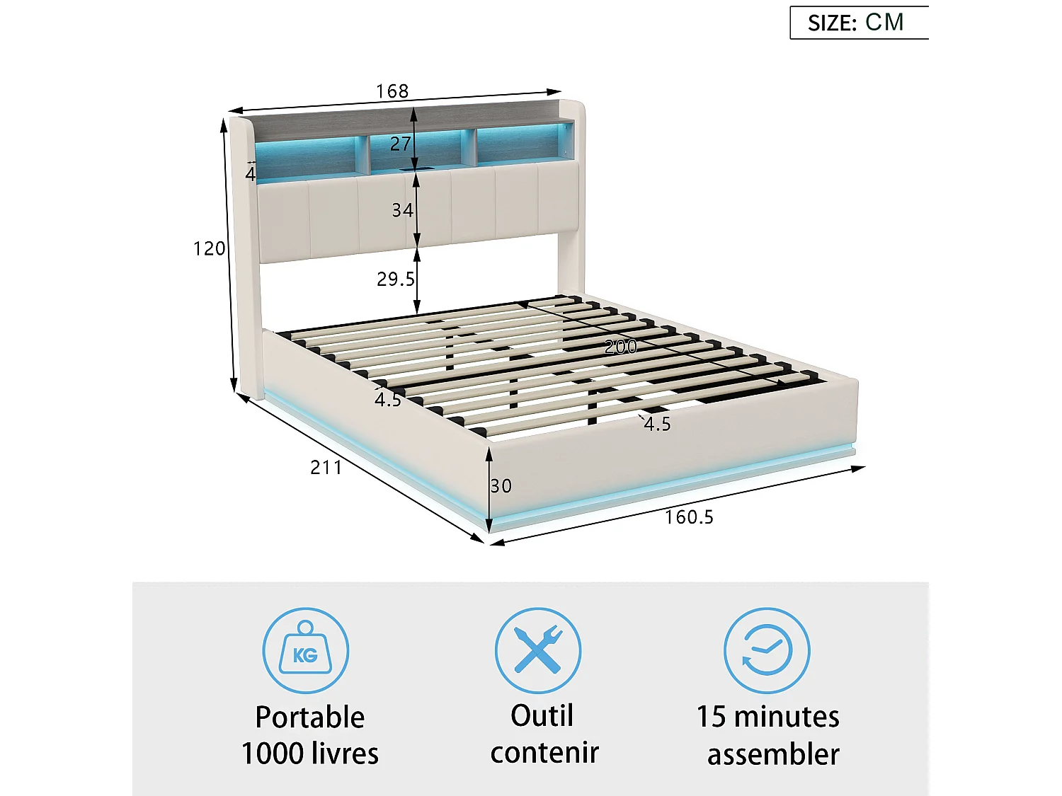 Lit coffre  160*200cm, rangement chevet + rangement tige de pression d'air, bande lumineuse LED, velours blanc