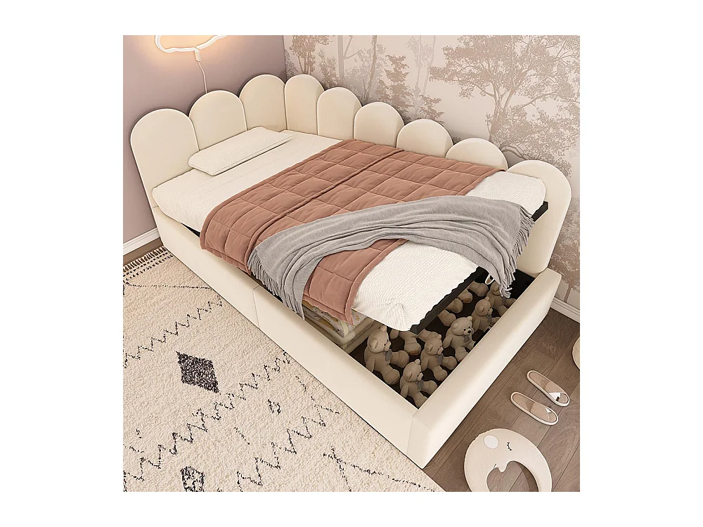 Lit enfant 90x190 cm, canapé - lit rembourré avec rangement hydraulique, cadre à lattes métalliques, velours, beige
