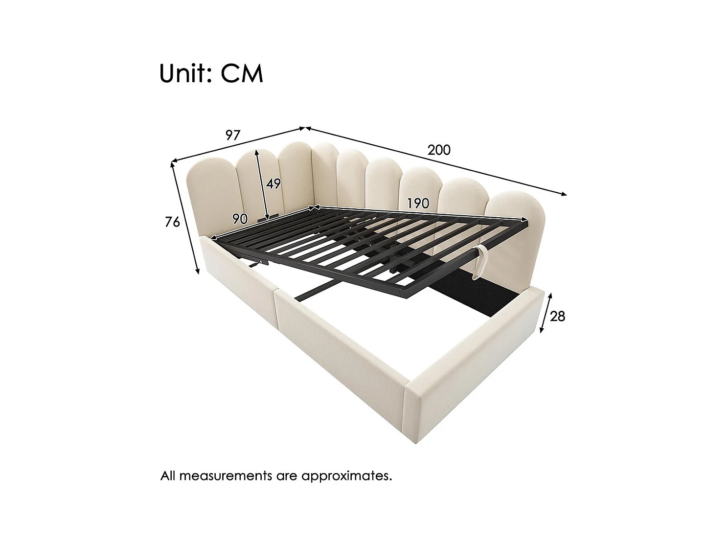 Lit enfant 90x190 cm, canapé - lit rembourré avec rangement hydraulique, cadre à lattes métalliques, velours, beige