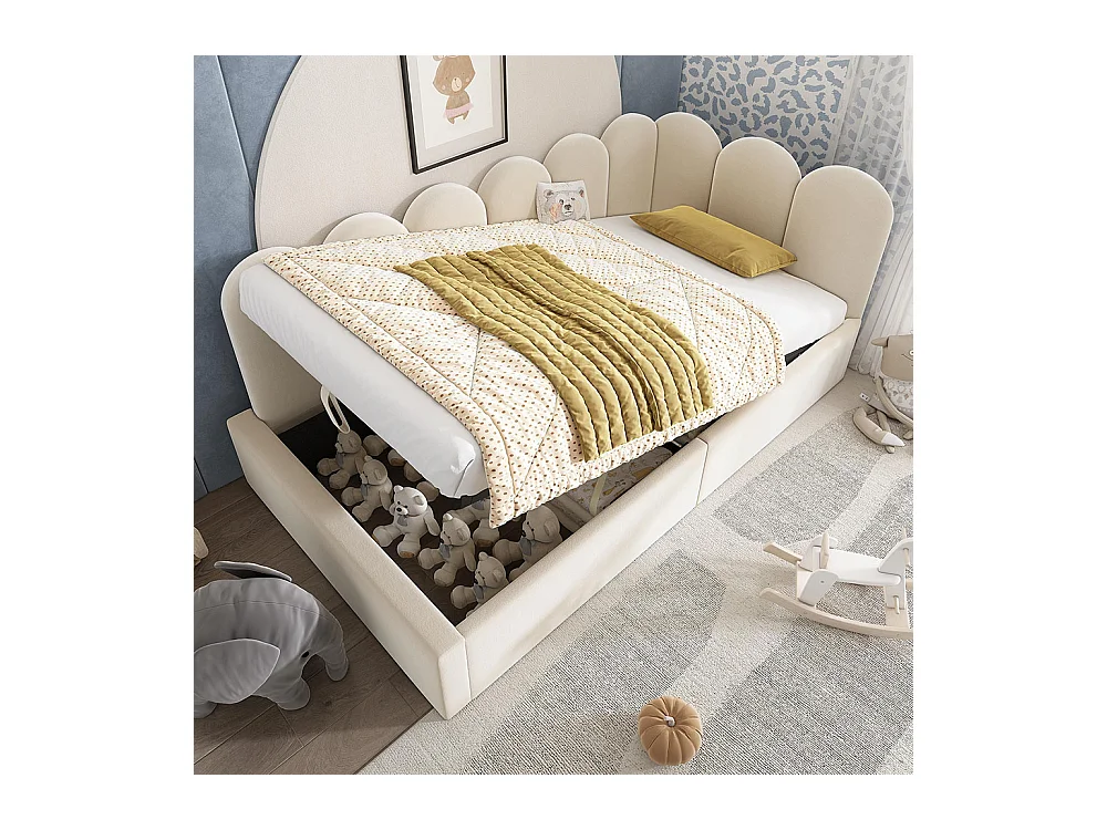 Lit enfant 90x190 cm, canapé - lit rembourré avec rangement hydraulique, cadre à lattes métalliques, velours, beige