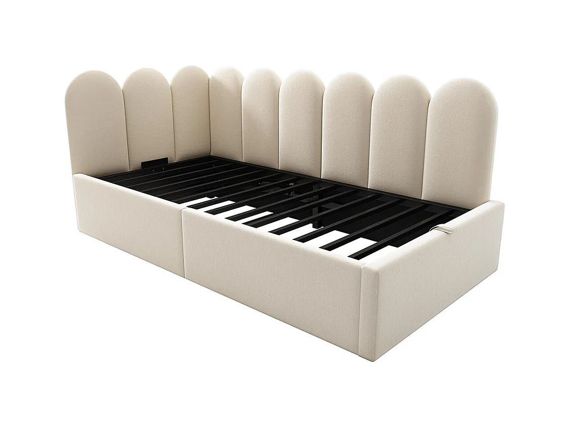 Lit enfant 90x190 cm, canapé - lit rembourré avec rangement hydraulique, cadre à lattes métalliques, velours, beige