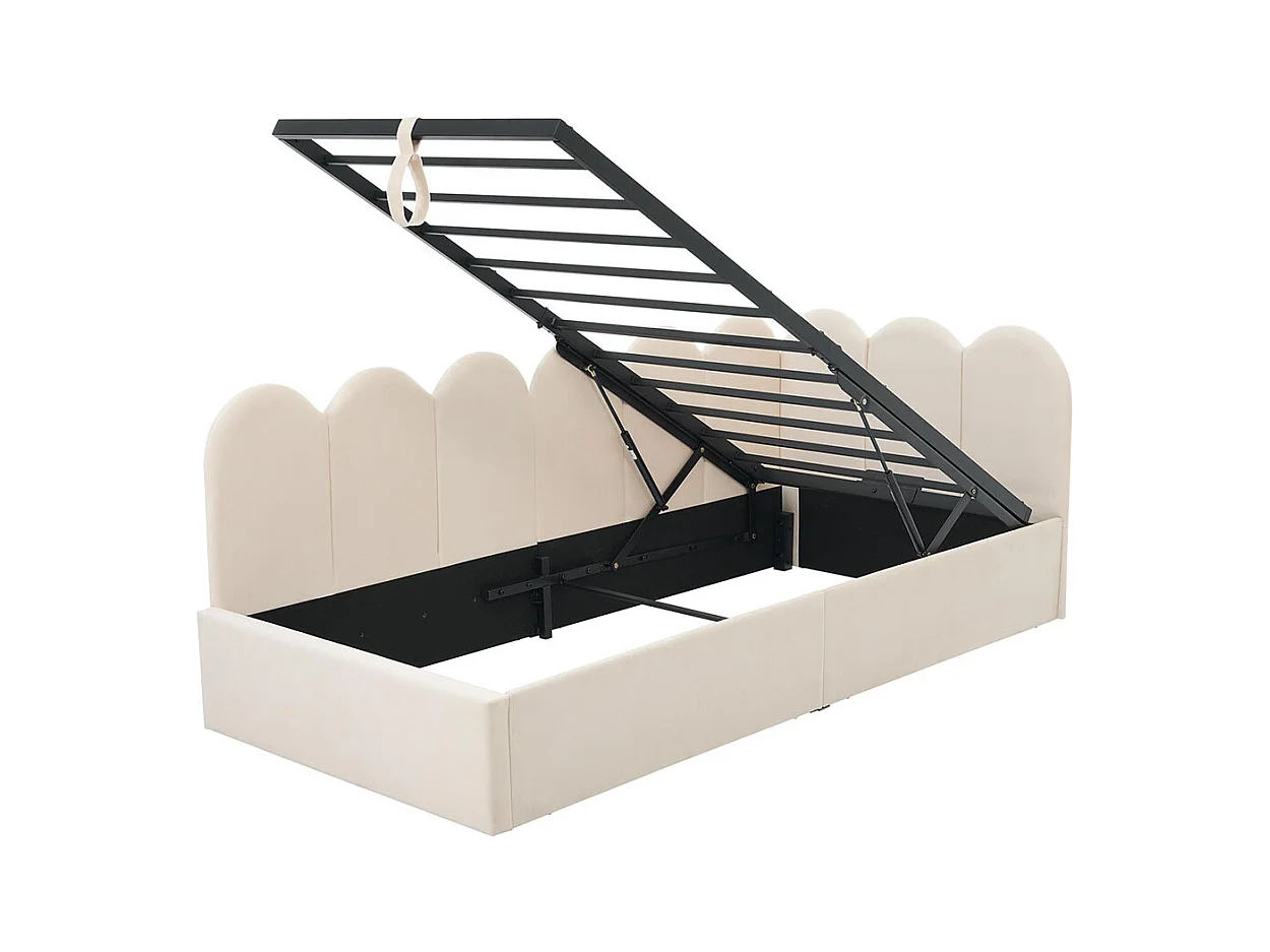 Lit enfant 90x190 cm, canapé - lit rembourré avec rangement hydraulique, cadre à lattes métalliques, velours, beige