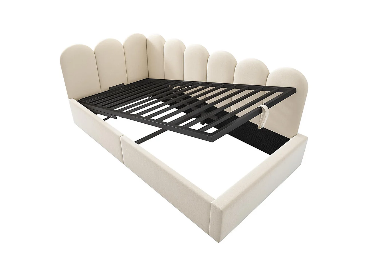 Lit enfant 90x190 cm, canapé - lit rembourré avec rangement hydraulique, cadre à lattes métalliques, velours, beige