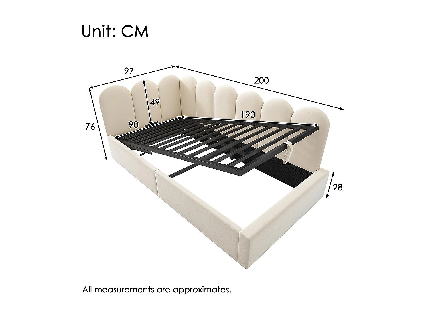 Lit enfant 90x190 cm, canapé - lit rembourré avec rangement hydraulique, cadre à lattes métalliques, velours, beige