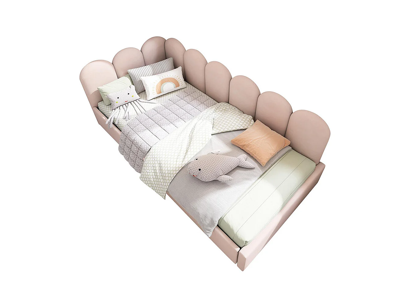 Lit d'enfant, rembourré, 90x200 cm, avec rangement hydraulique, avec sommier métallique, velours, rose