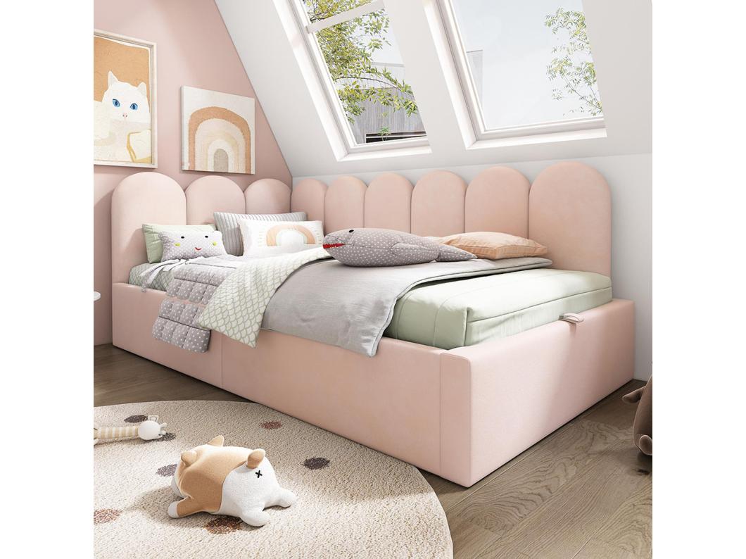 Kinderbed, zacht kussen, 90x200 cm, met hydraulische opbergbox, metalen voet, fluweel, roze
