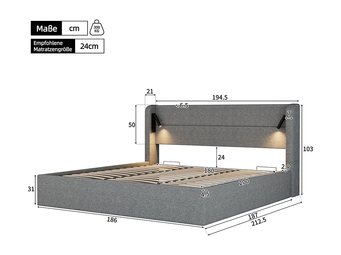 Kussenbed 180x200cm, tweepersoonsbed, verlichting met sfeerlicht, Platte noedelsvoet, chenille, grijs