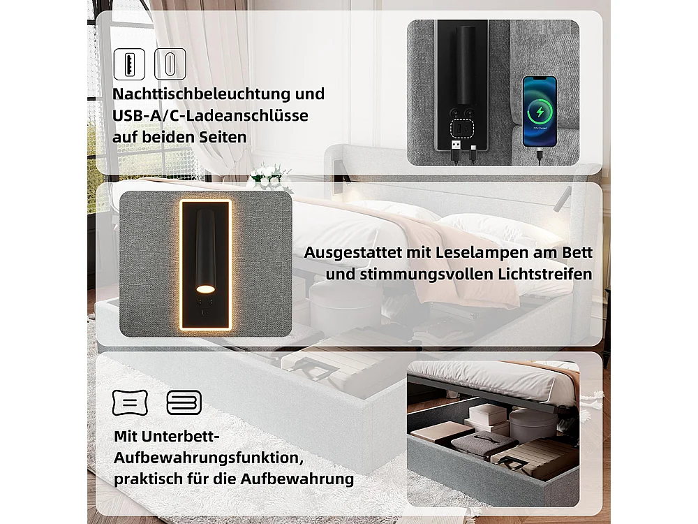 Kussenbed 180x200cm, tweepersoonsbed, verlichting met sfeerlicht, Platte noedelsvoet, chenille, grijs