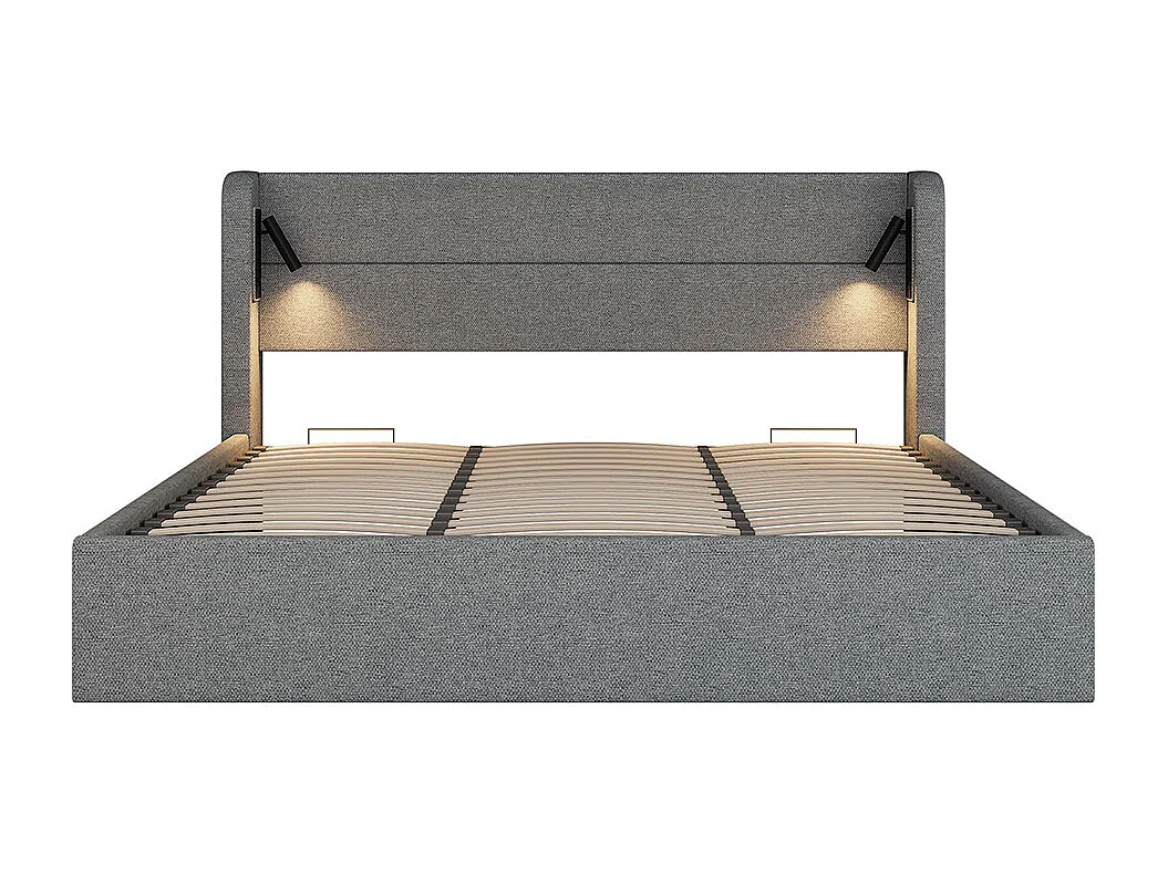 Kussenbed 180x200cm, tweepersoonsbed, verlichting met sfeerlicht, Platte noedelsvoet, chenille, grijs