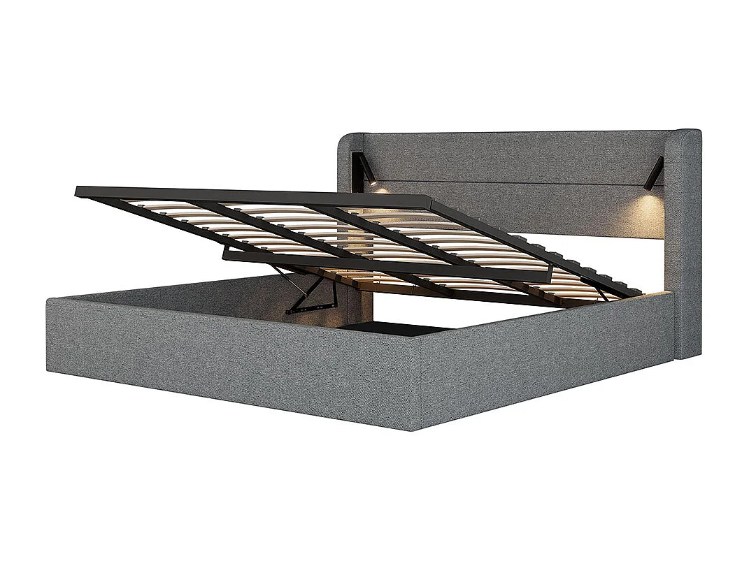 Kussenbed 180x200cm, tweepersoonsbed, verlichting met sfeerlicht, Platte noedelsvoet, chenille, grijs