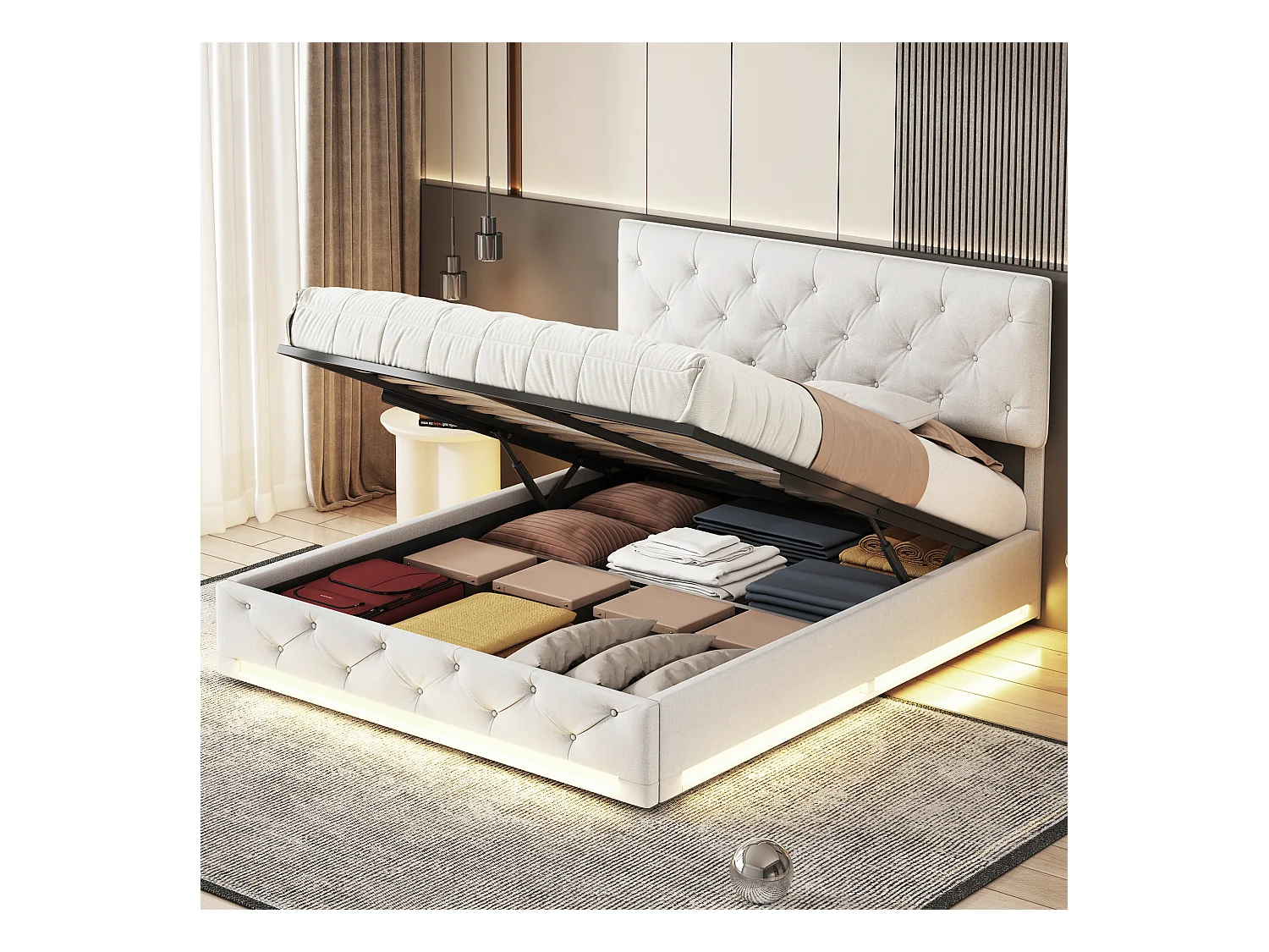 Lit hydraulique LED 140*200cm+grand rangement+bande lumineuse sous lit, blanc cassé, lin