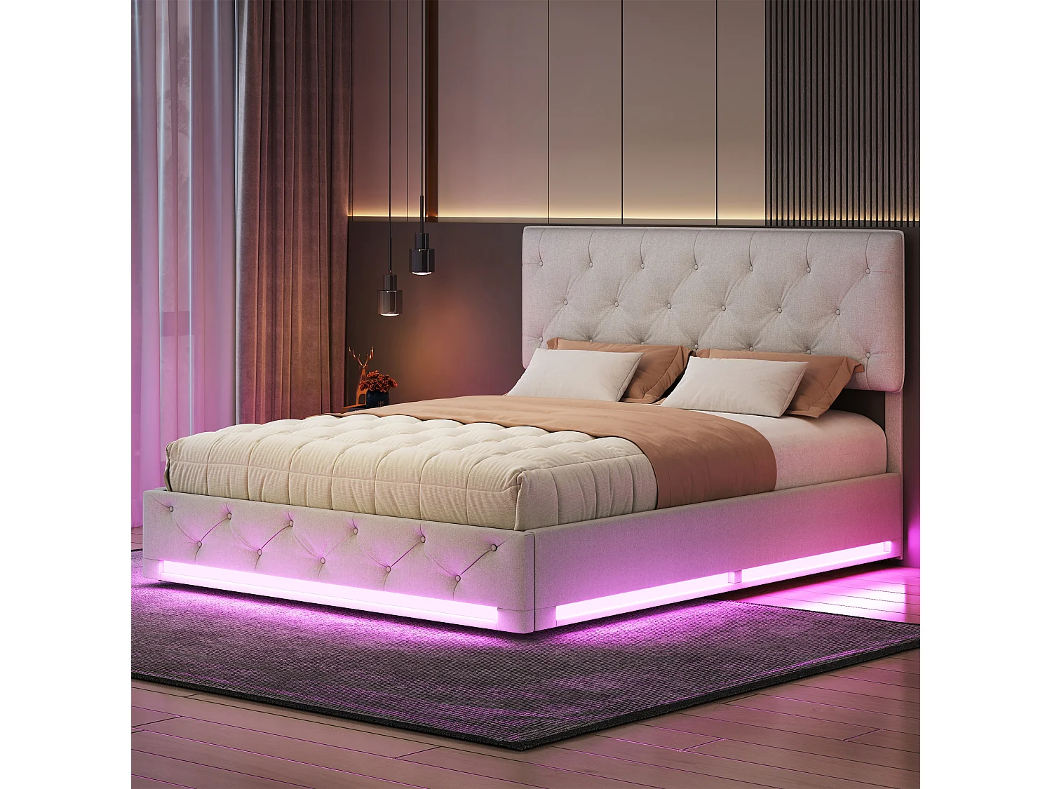 Lit hydraulique LED 140*200cm+grand rangement+bande lumineuse sous lit, blanc cassé, lin