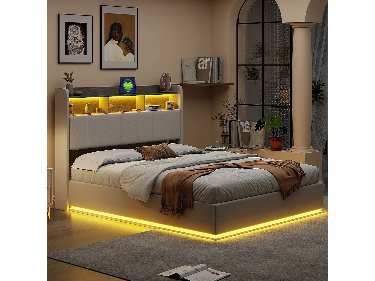 Lit double 140*200cm, rangement chevet + rangement tige de pression d'air, bande lumineuse LED, velours blanc