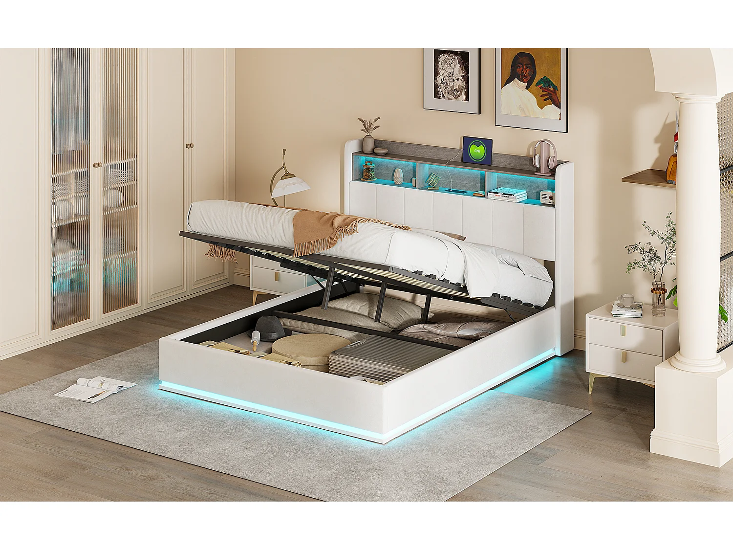 Lit double 140*200cm, rangement chevet + rangement tige de pression d'air, bande lumineuse LED, velours blanc