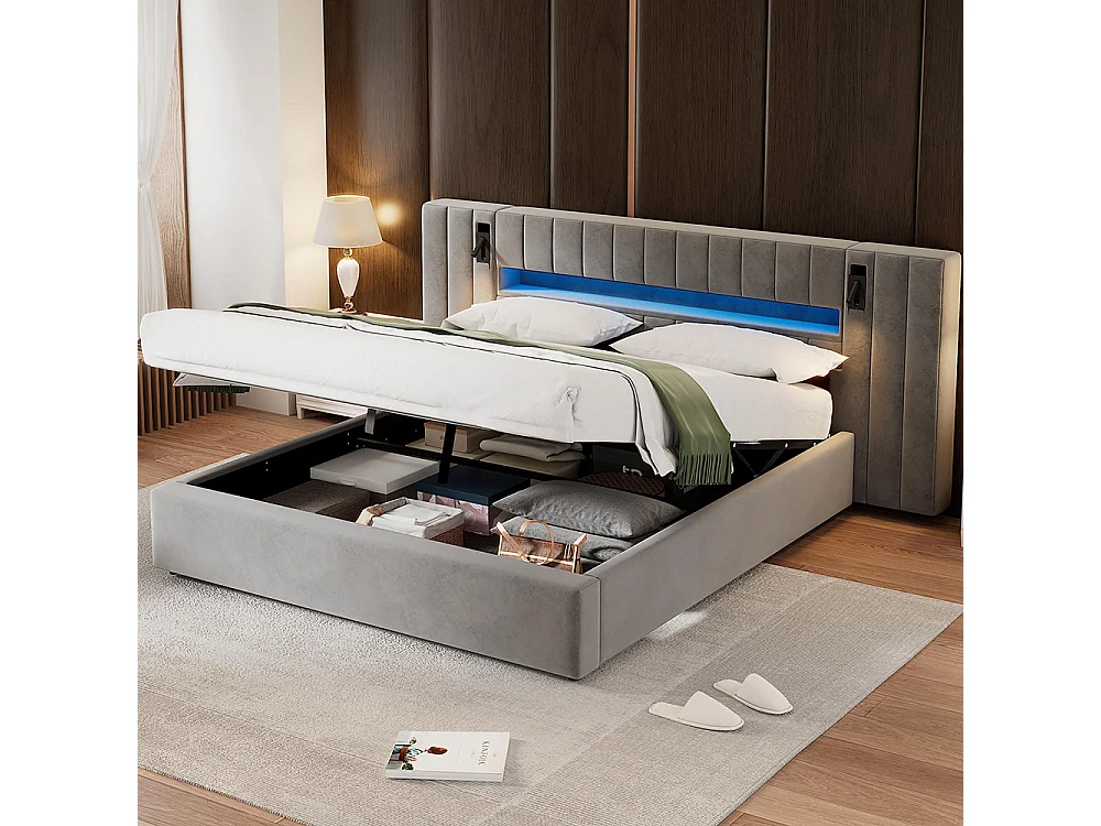 Lit adulte 180 x 200 cm, avec port USB, avec éclairage LED, lampe de chevet, espace de rangement, velours, gris