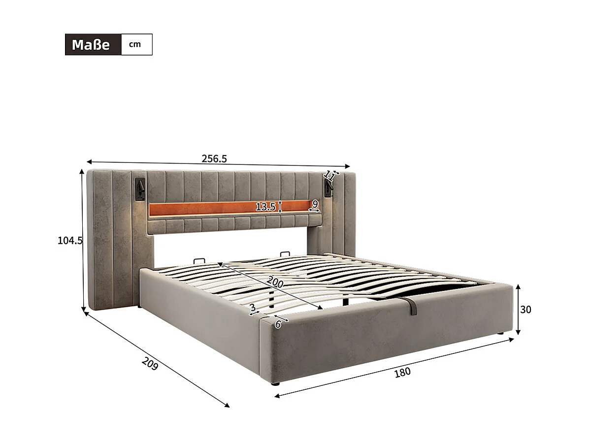 Lit adulte 180 x 200 cm, avec port USB, avec éclairage LED, lampe de chevet, espace de rangement, velours, gris