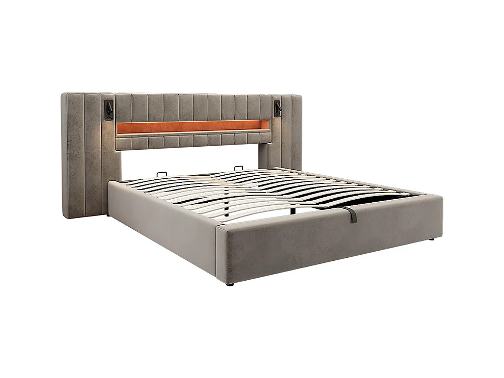 Lit adulte 180 x 200 cm, avec port USB, avec éclairage LED, lampe de chevet, espace de rangement, velours, gris