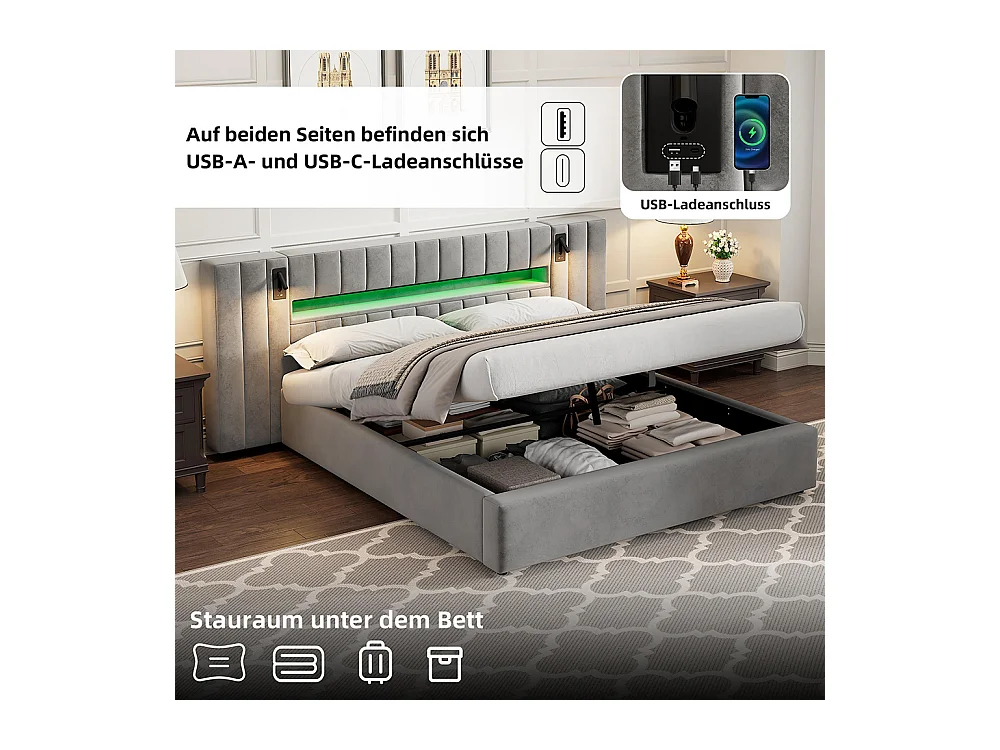 Lit adulte 180 x 200 cm, avec port USB, avec éclairage LED, lampe de chevet, espace de rangement, velours, gris