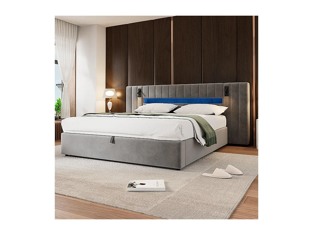 Lit adulte 180 x 200 cm, avec port USB, avec éclairage LED, lampe de chevet, espace de rangement, velours, gris