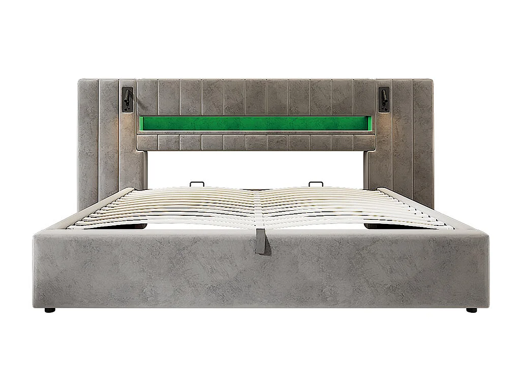 Lit adulte 180 x 200 cm, avec port USB, avec éclairage LED, lampe de chevet, espace de rangement, velours, gris