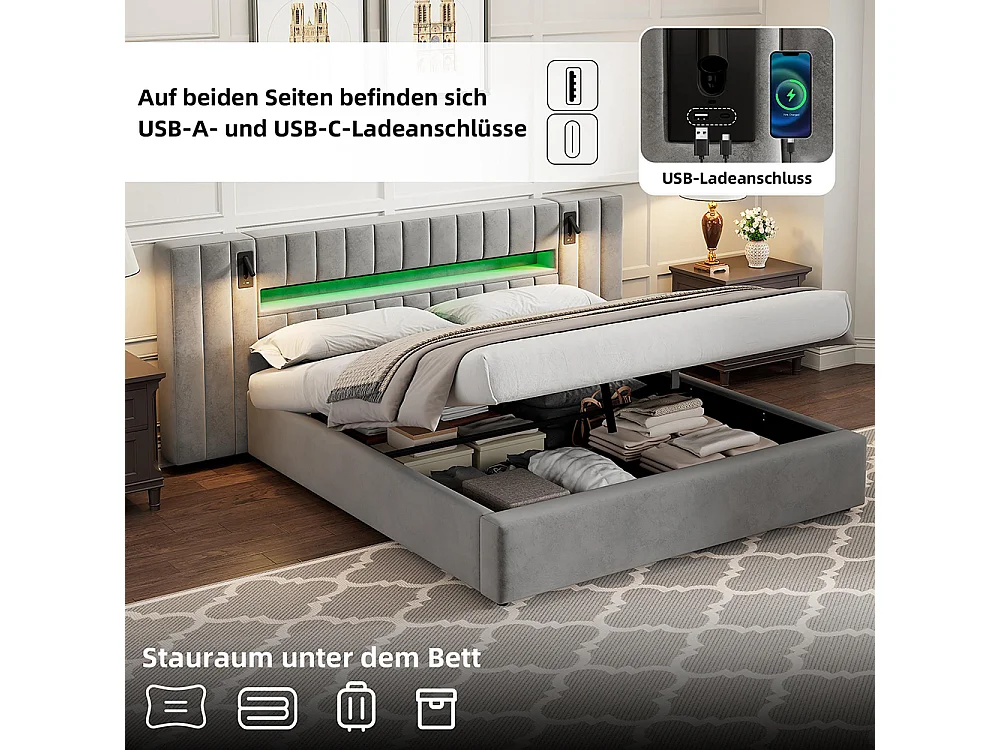Lit adulte 180 x 200 cm, avec port USB, avec éclairage LED, lampe de chevet, espace de rangement, velours, gris