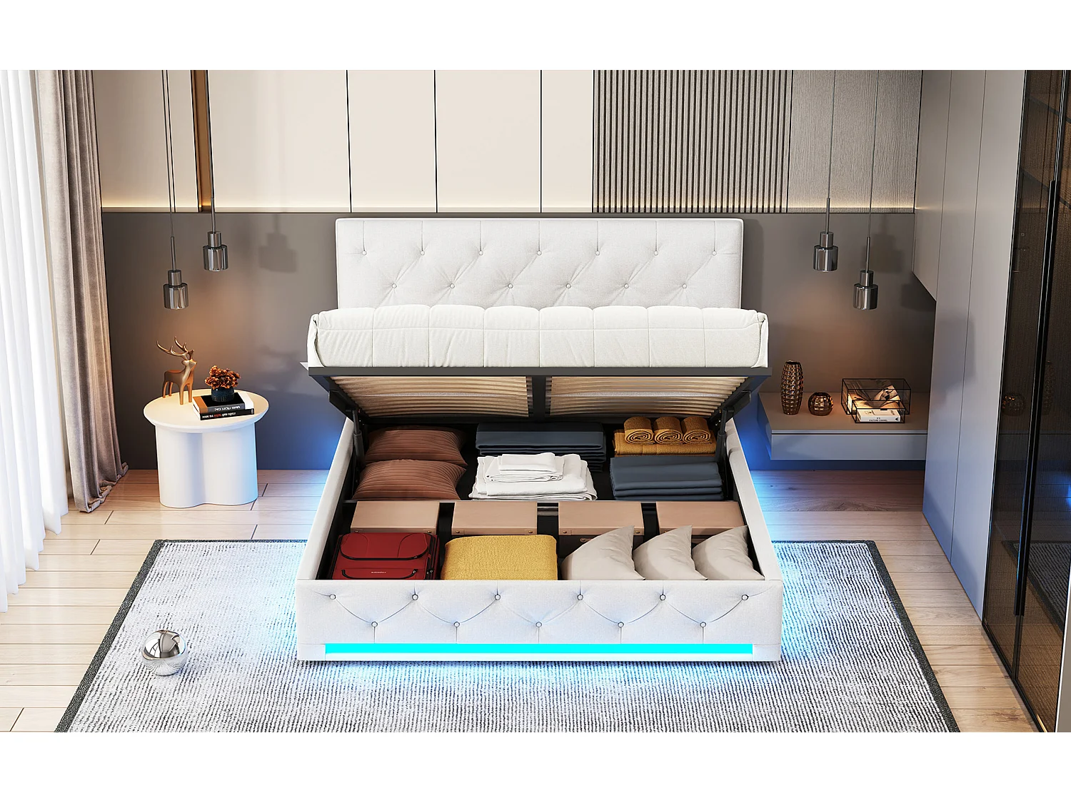 Letto idraulico a LED 160*200cm + ampio spazio di archiviazione + striscia luminosa sotto il letto, bianco sporco, lino