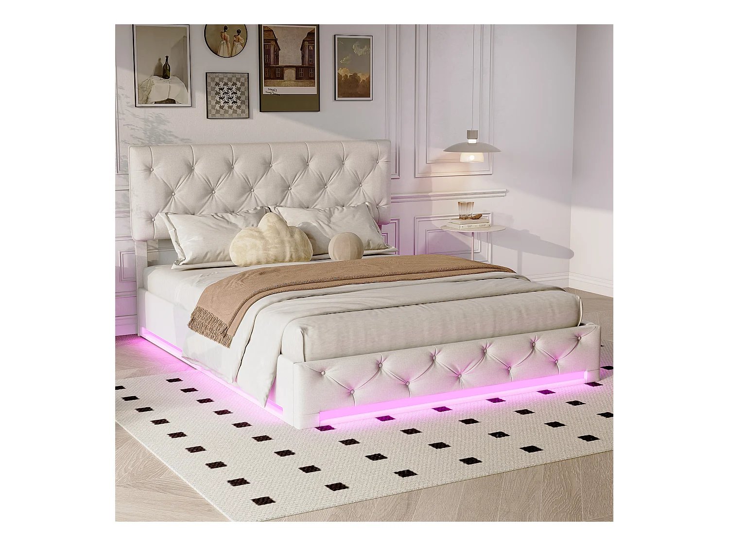 Lit hydraulique LED 160*200cm+grand rangement+bande lumineuse sous lit, blanc cassé, lin