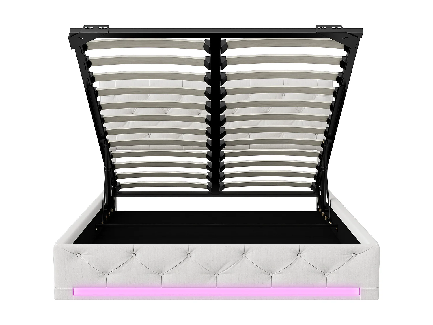 Lit hydraulique LED 160*200cm+grand rangement+bande lumineuse sous lit, blanc cassé, lin