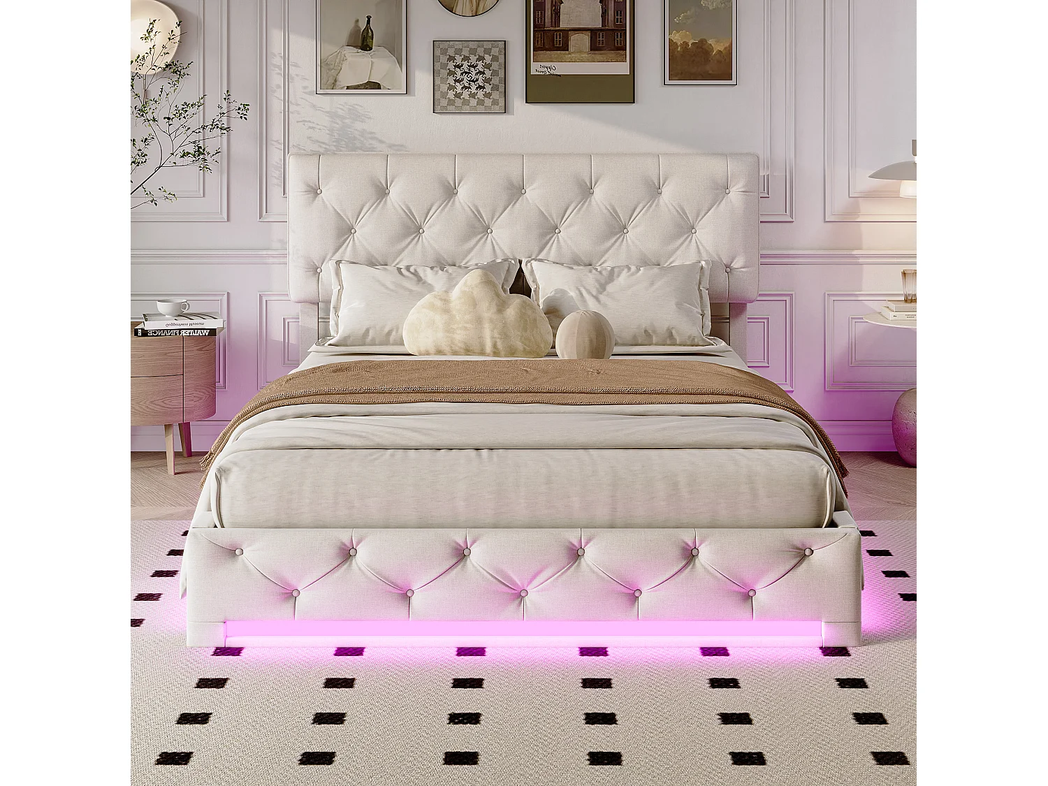 Cama hidráulica con iluminación LED, 160*200 cm, amplio compartimento de almacenamiento, tira de luz debajo de la cama, color blanco roto, lino