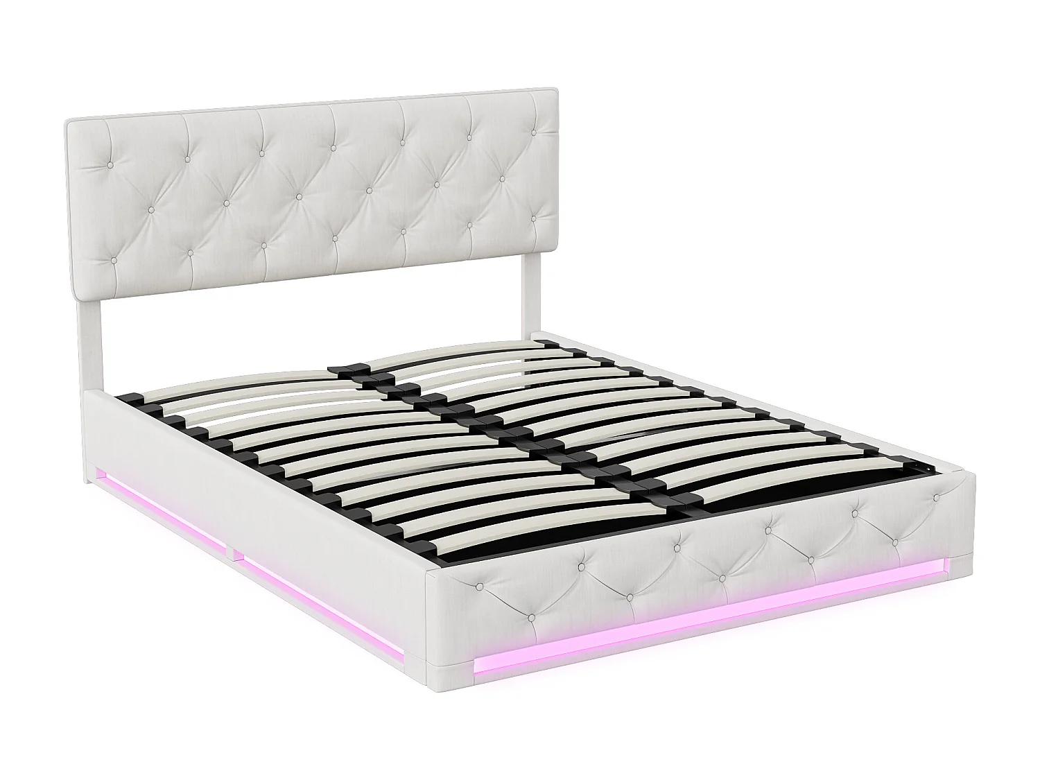Cama hidráulica con iluminación LED, 160*200 cm, amplio compartimento de almacenamiento, tira de luz debajo de la cama, color blanco roto, lino