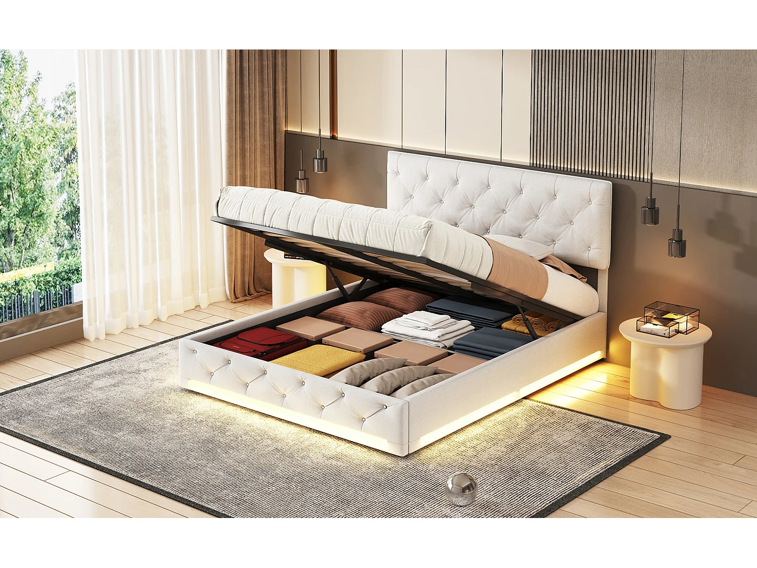 Cama hidráulica con iluminación LED, 160*200 cm, amplio compartimento de almacenamiento, tira de luz debajo de la cama, color blanco roto, lino
