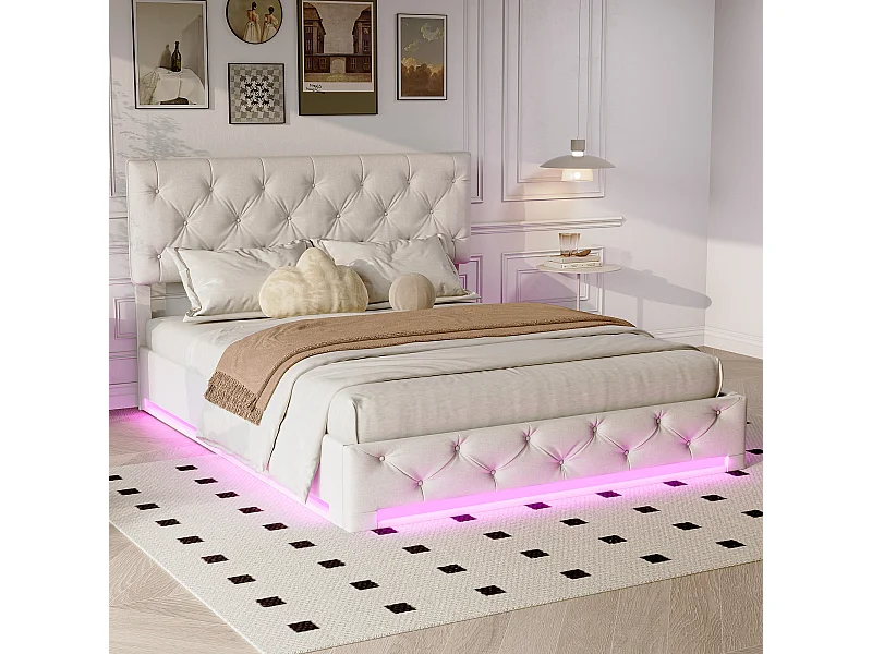 Lit hydraulique LED 160*200cm+grand rangement+bande lumineuse sous lit, blanc cassé, lin