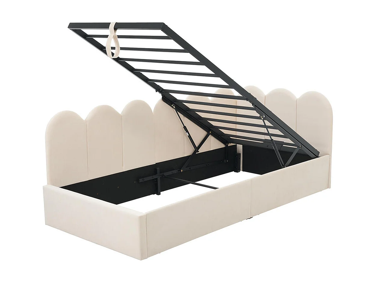 Lit d'enfant, rembourré, 90x200 cm, avec rangement hydraulique, avec sommier métallique, velours,beige