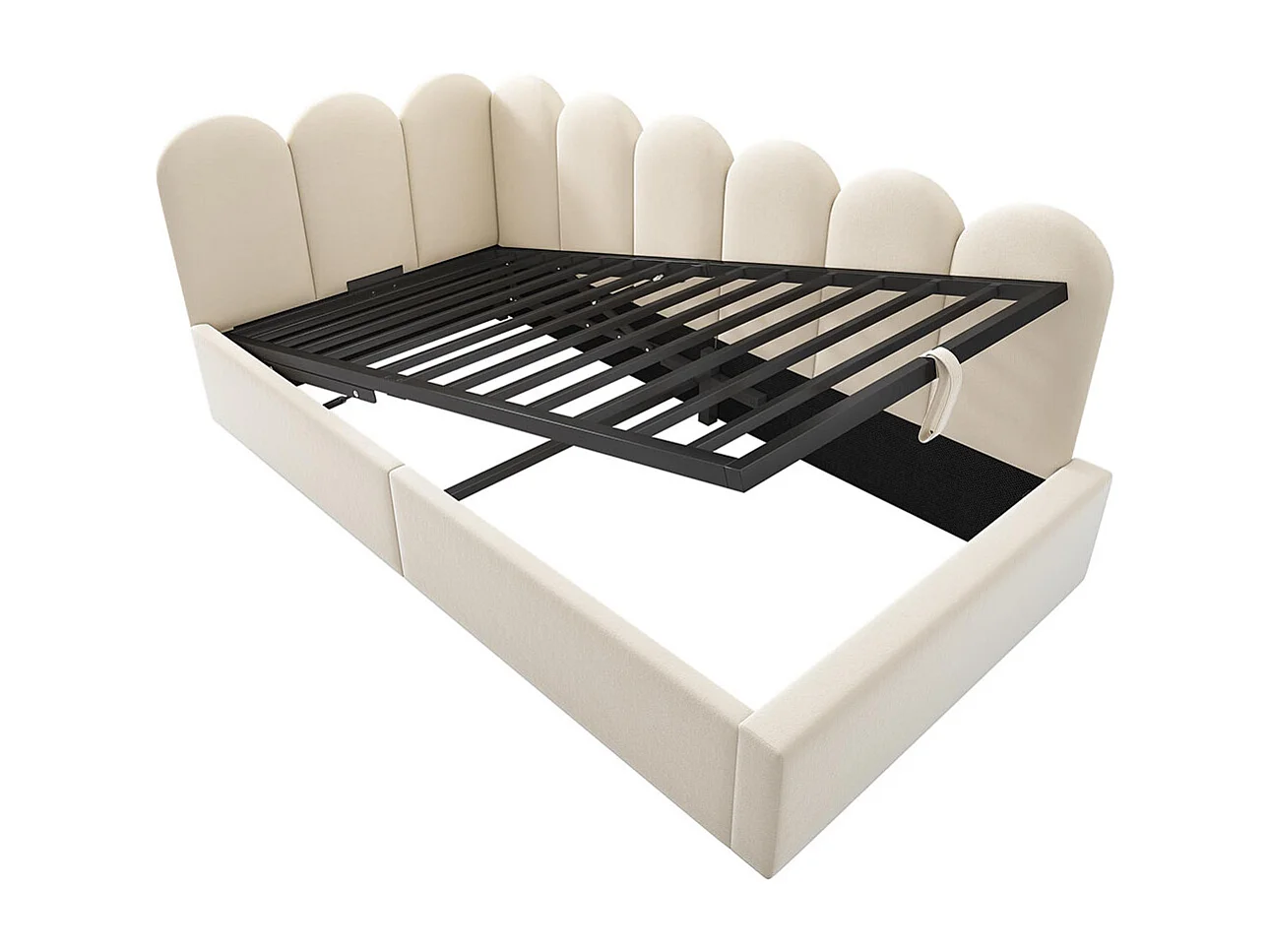 Lit d'enfant, rembourré, 90x200 cm, avec rangement hydraulique, avec sommier métallique, velours,beige