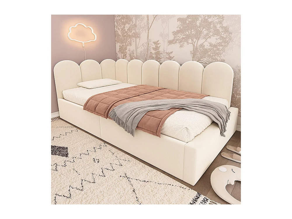 Lit d'enfant, rembourré, 90x200 cm, avec rangement hydraulique, avec sommier métallique, velours,beige