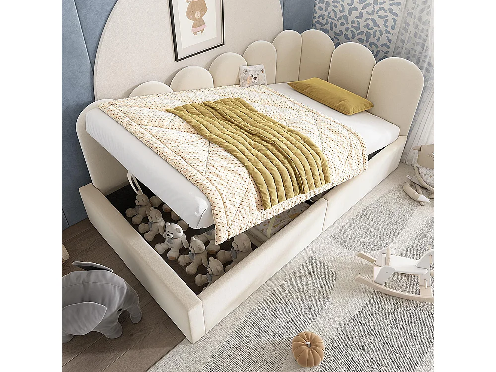Cama de criança, almofada macia, 90x200 cm, com caixa de armazenamento hidráulica, base metálica, veludo, bege