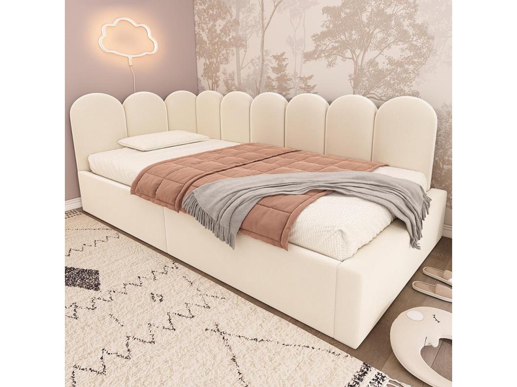 Lit d'enfant, rembourré, 90x200 cm, avec rangement hydraulique, avec sommier métallique, velours,beige