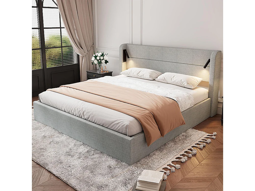 Letto imbottito 180x200cm, letto matrimoniale, illuminazione con mood light, base tagliatelle piatte, lino, grigio