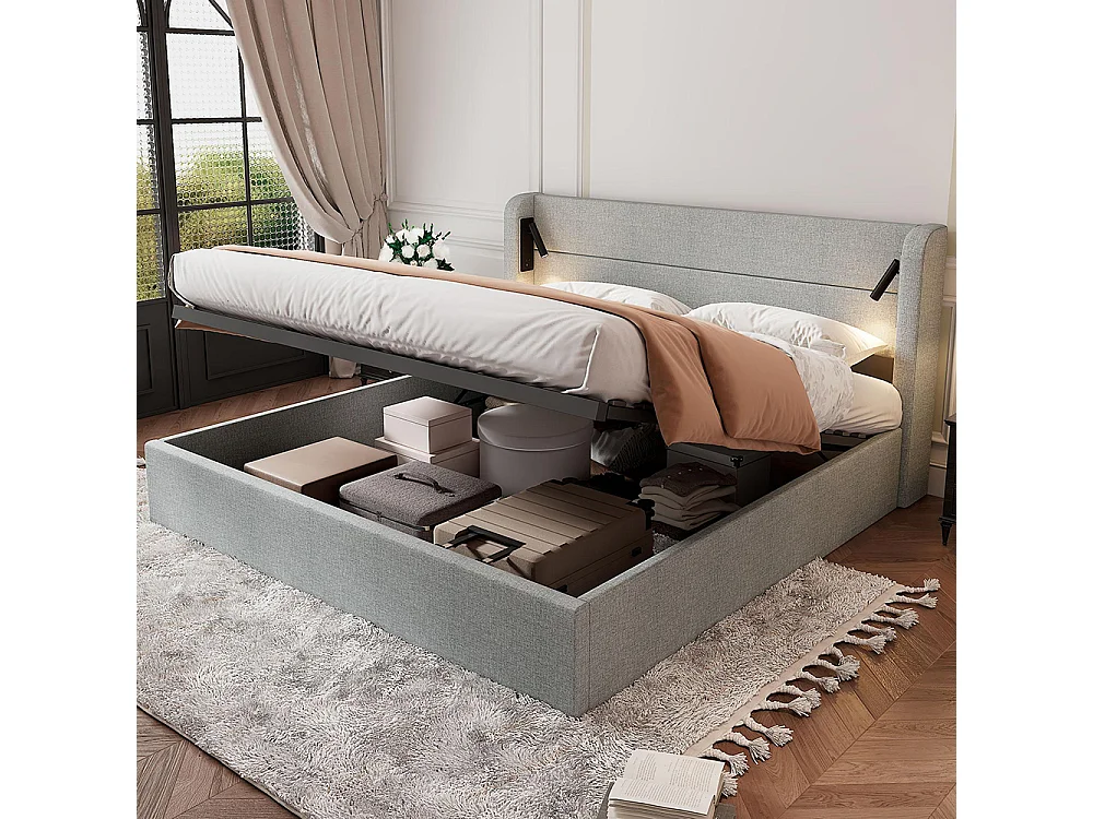 Letto imbottito 180x200cm, letto matrimoniale, illuminazione con mood light, base tagliatelle piatte, lino, grigio