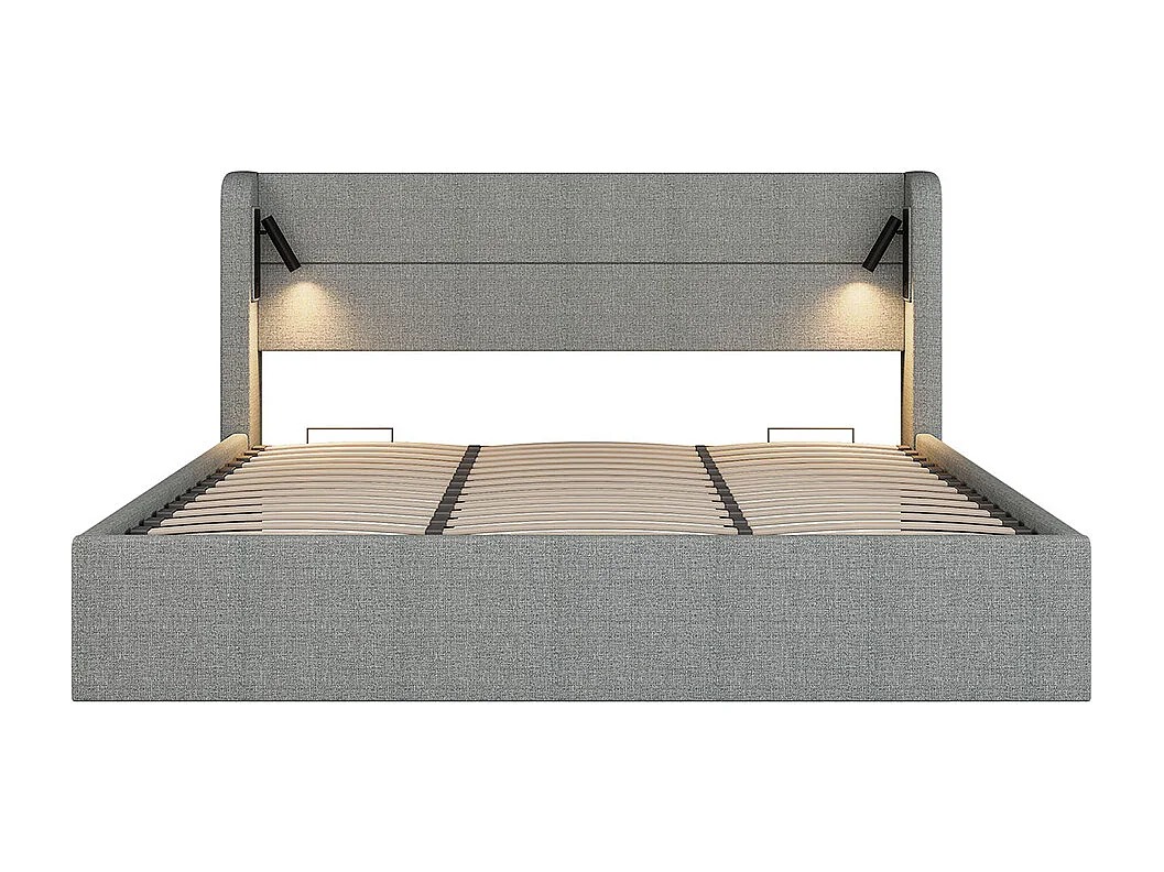 Letto imbottito 180x200cm, letto matrimoniale, illuminazione con mood light, base tagliatelle piatte, lino, grigio