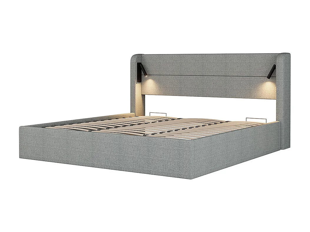 Letto imbottito 180x200cm, letto matrimoniale, illuminazione con mood light, base tagliatelle piatte, lino, grigio