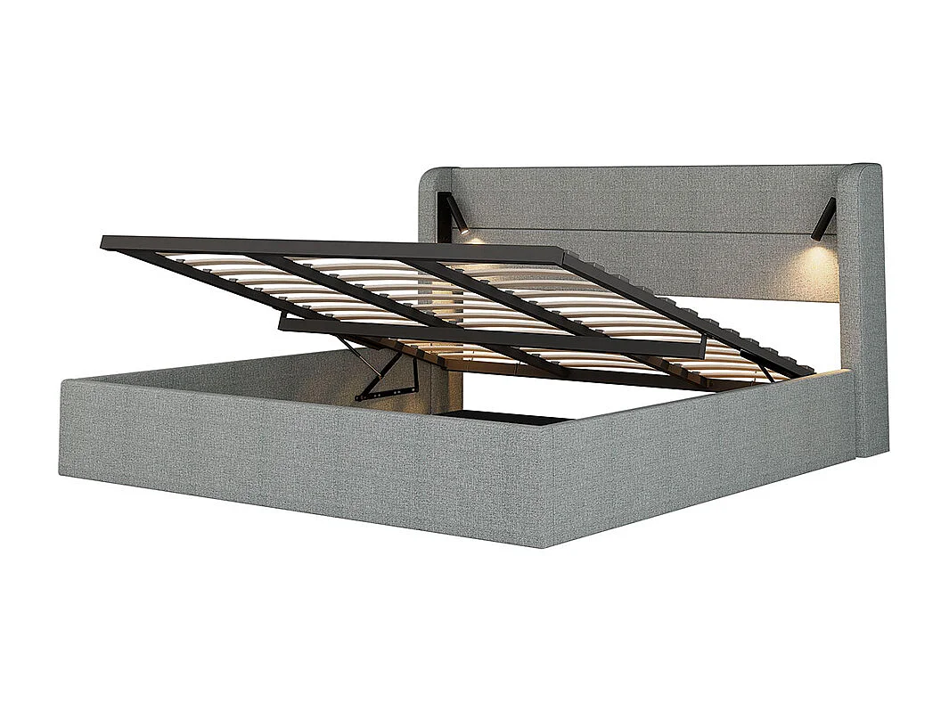 Letto imbottito 180x200cm, letto matrimoniale, illuminazione con mood light, base tagliatelle piatte, lino, grigio