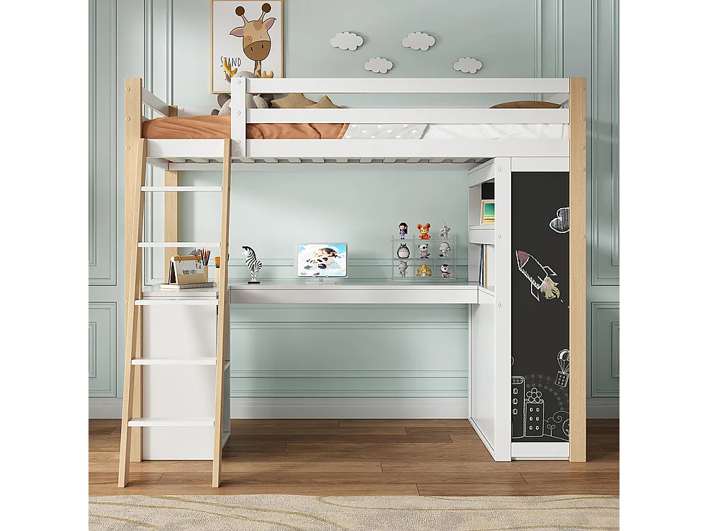 Kinderbett, Etagenbett 90.200, mit Leiter, Schreibtisch, Schubladen, Holzbrett, Regal, weiß+natural Farbe
