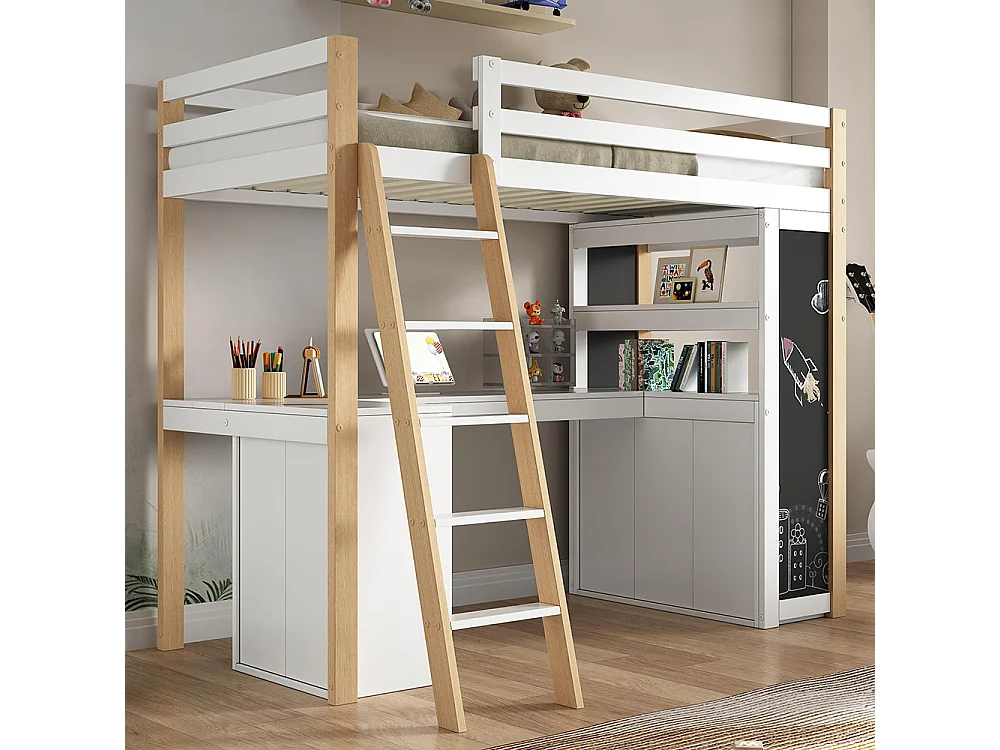 Kinderbett, Etagenbett 90.200, mit Leiter, Schreibtisch, Schubladen, Holzbrett, Regal, weiß+natural Farbe