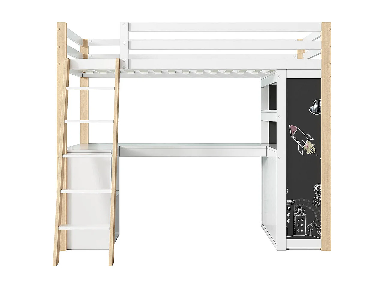 Kinderbett, Etagenbett 90.200, mit Leiter, Schreibtisch, Schubladen, Holzbrett, Regal, weiß+natural Farbe