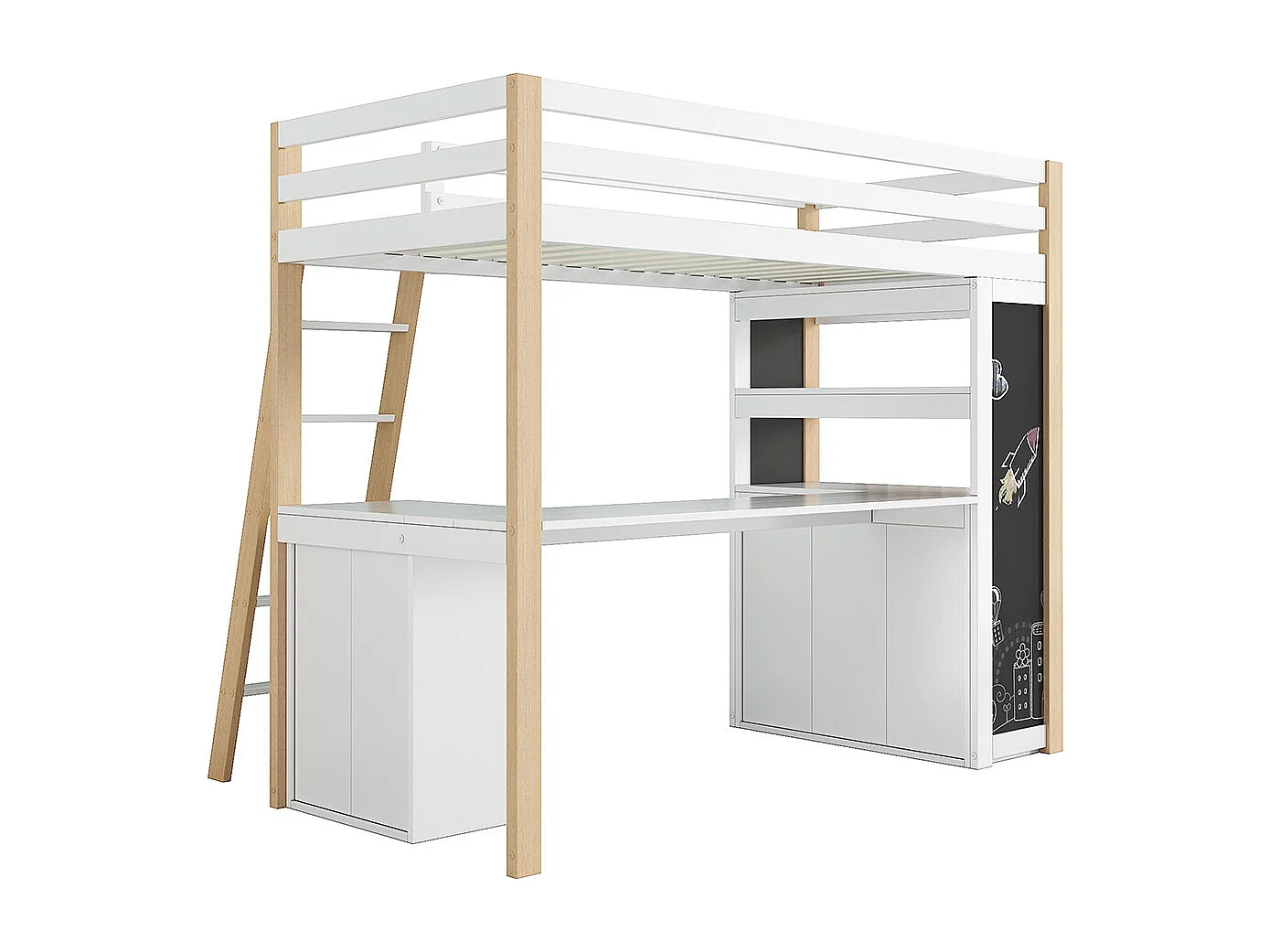 Kinderbett, Etagenbett 90.200, mit Leiter, Schreibtisch, Schubladen, Holzbrett, Regal, weiß+natural Farbe