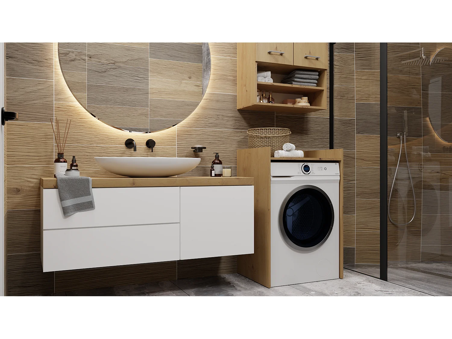 Szafka na Pralkę Pola NP |  Dąb Artisan | 64x50x97,5 cm | Stojąca Szafka Łazienkowa